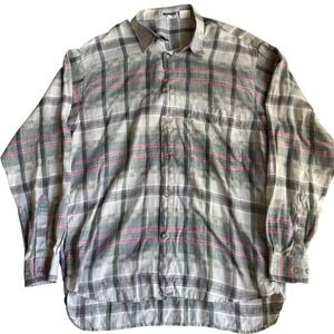 Mondo Made‎ in Italy 100% Linen Plaid Button Down Shirt Mens L Grey Pink Green